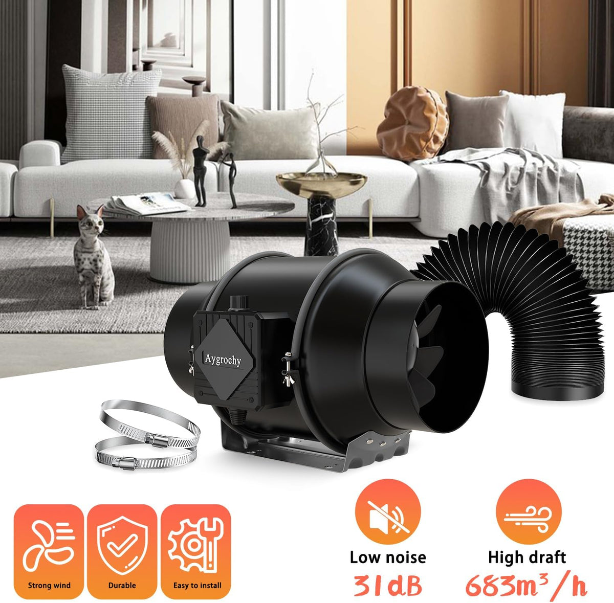 Buisventilator 150 mm – Afvoerventilator, Inline Ventilator, Kanaalventilator, Afzuigventilator – Traploos Regelbaar 0-100% – Energiezuinige EC-Motor