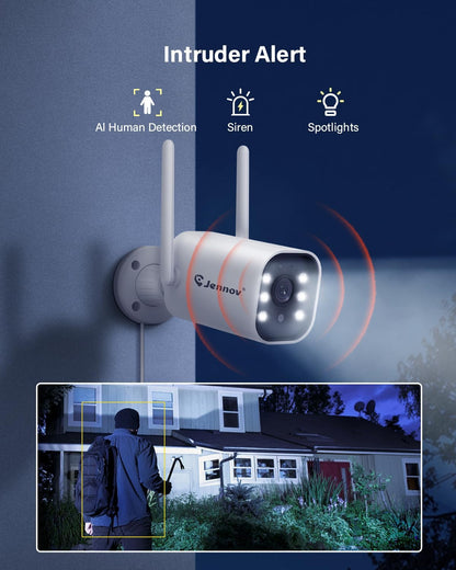 Jennov 5MP Bewakingscamera Set, 10CH 5MP WLAN NVR met 4x WiFi Buitencamera met 120° Groothoek, 24/7-opname, Persoonsdetectie, 2-Wege-Audio, Kleuren-nachtzicht, 1TB