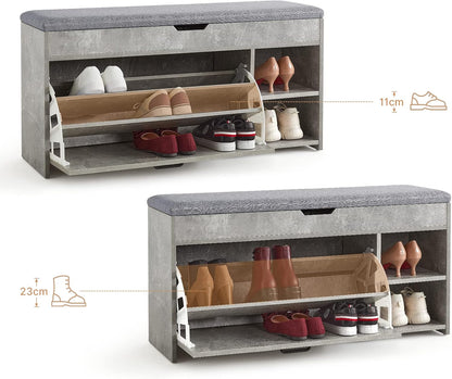 Meerveil Schoenbank met zitting, opbergbank met opklapbare lade en open opbergruimte, houten industriële stijl voor hal, 100 x 52 x 30 cm (b x h x d), grijs
