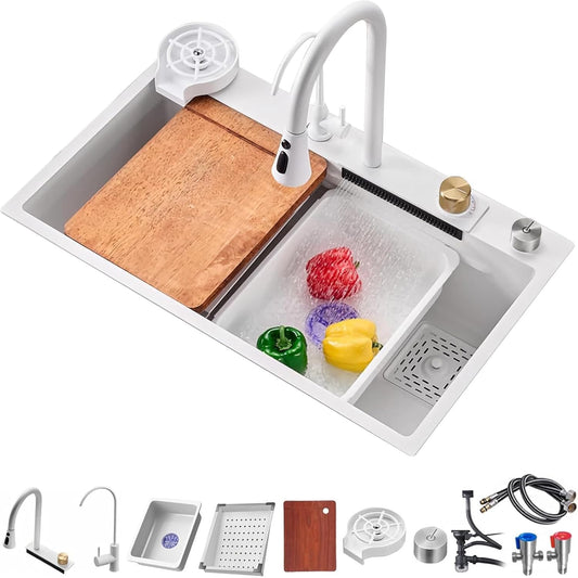 Waterval Gootsteen, Waterval Spoelbak Keuken, 304 Roestvrij Staal Gootsteen met Enkele Spoelbak met Uittrekbare Keukenkraan en Meerdere Accessoires Waterfall Kitchen Sink (Wit, 85x45x20cm)
