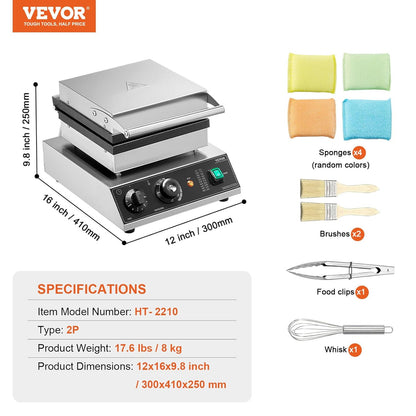 VEVOR Belgian Waffle Maker Rectangular Stainless Steel Non-Stick 2000W Temperature Control Handle for Restaurant Bakery Snack Bar