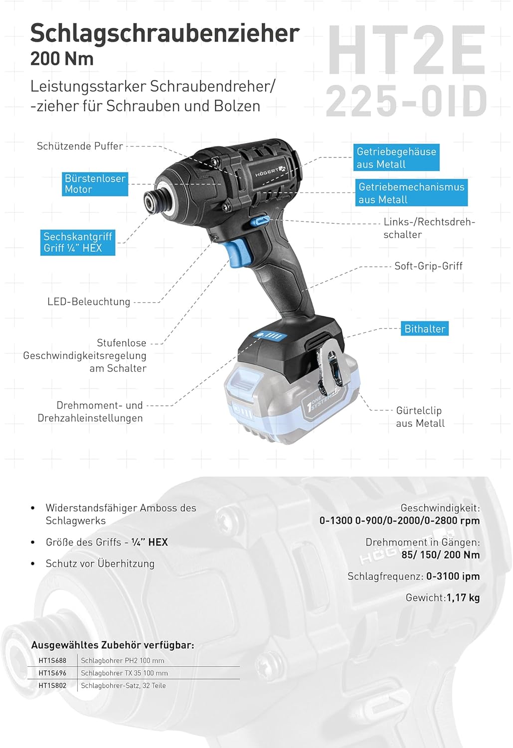 HÖGERT TECHNIK Accu-slagboorschroevendraaierset 18 V, 200 Nm & 100 Nm, 2 borstelloze slagschroevendraaiers, 2 x accu, 4 A oplader, ledverlichting, metalen aandrijving, voor hout en metaal + Promo 2,0