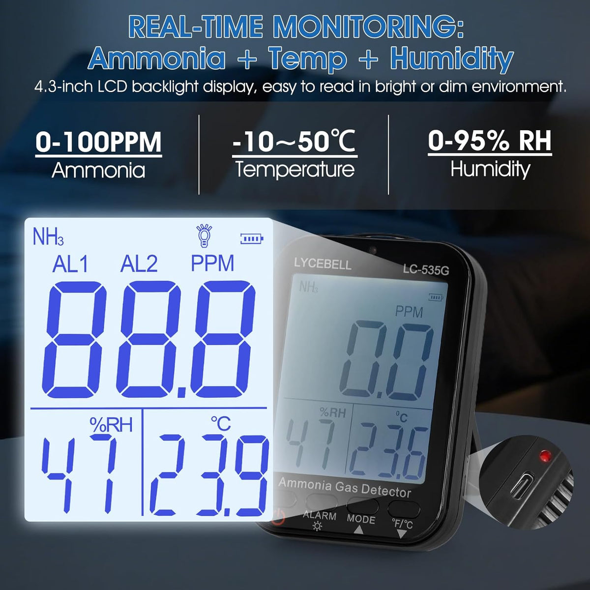 535G Ammoniak-gasdetector, NH3-monitor, 0-100 ppm, met dubbel alarm, oplaadbare draagbare gaslekdetector voor boerderijen, industrie, huis, temperatuur- en vochtigheidsweergave