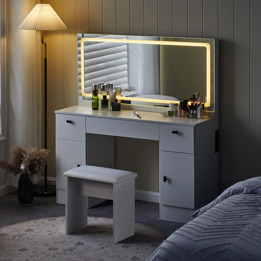CLIPOP Dressing Table with Large Mirror and 12 LED Lights Hollywood, Adjustable Brightness, Dressing Table with 7 Drawers and Stool, Modern White Makeup Table Set (DR-0457) - QUORE