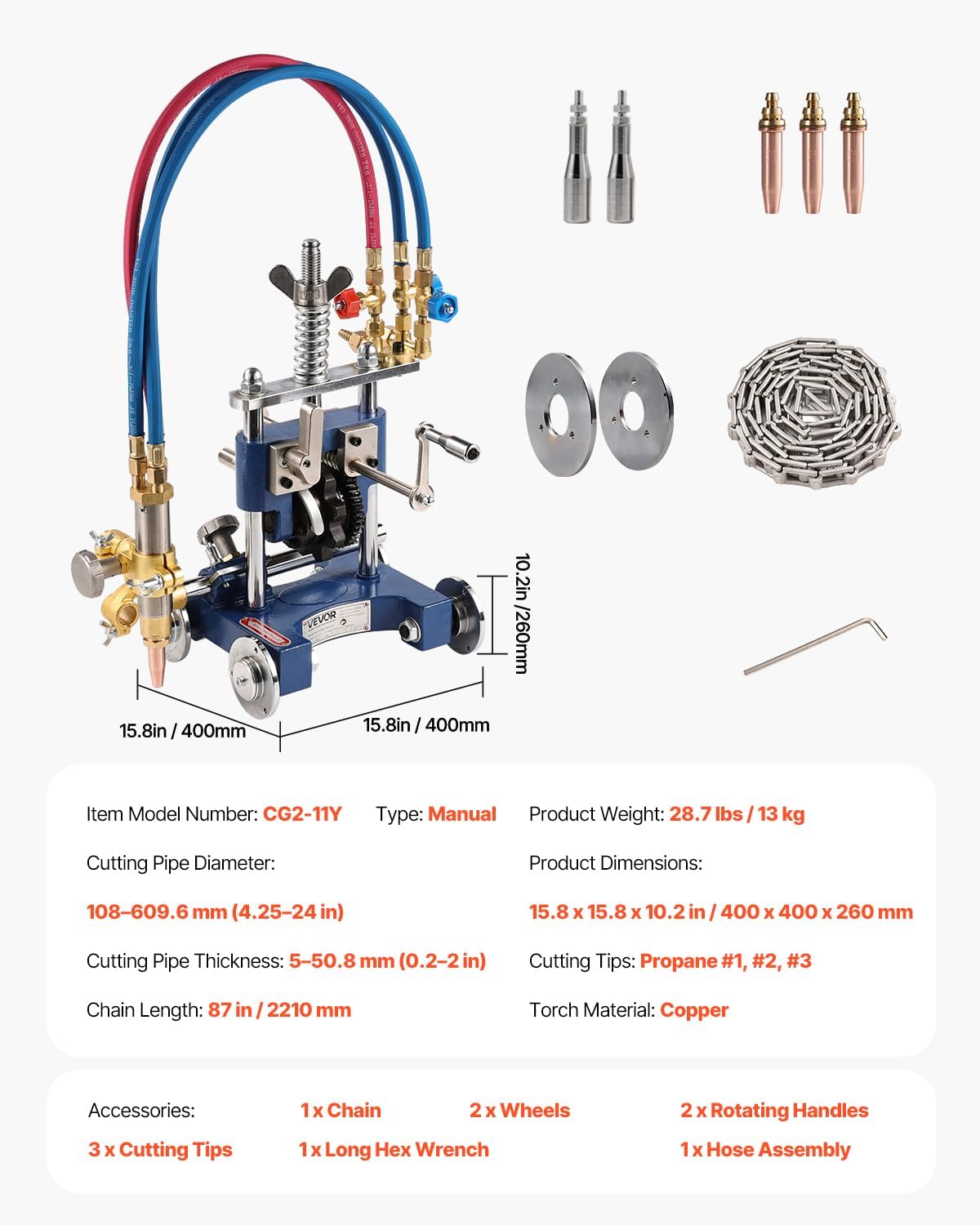 VEVOR Handmatige pijpsnijder CG2-11Y, pijpsnijder voor buizen met een dikte van 5,08-50,8 mm met ketting van 2210 mm, draagbare gassnijmachine met instelbare hoek van 0° tot 45° met 3 punten