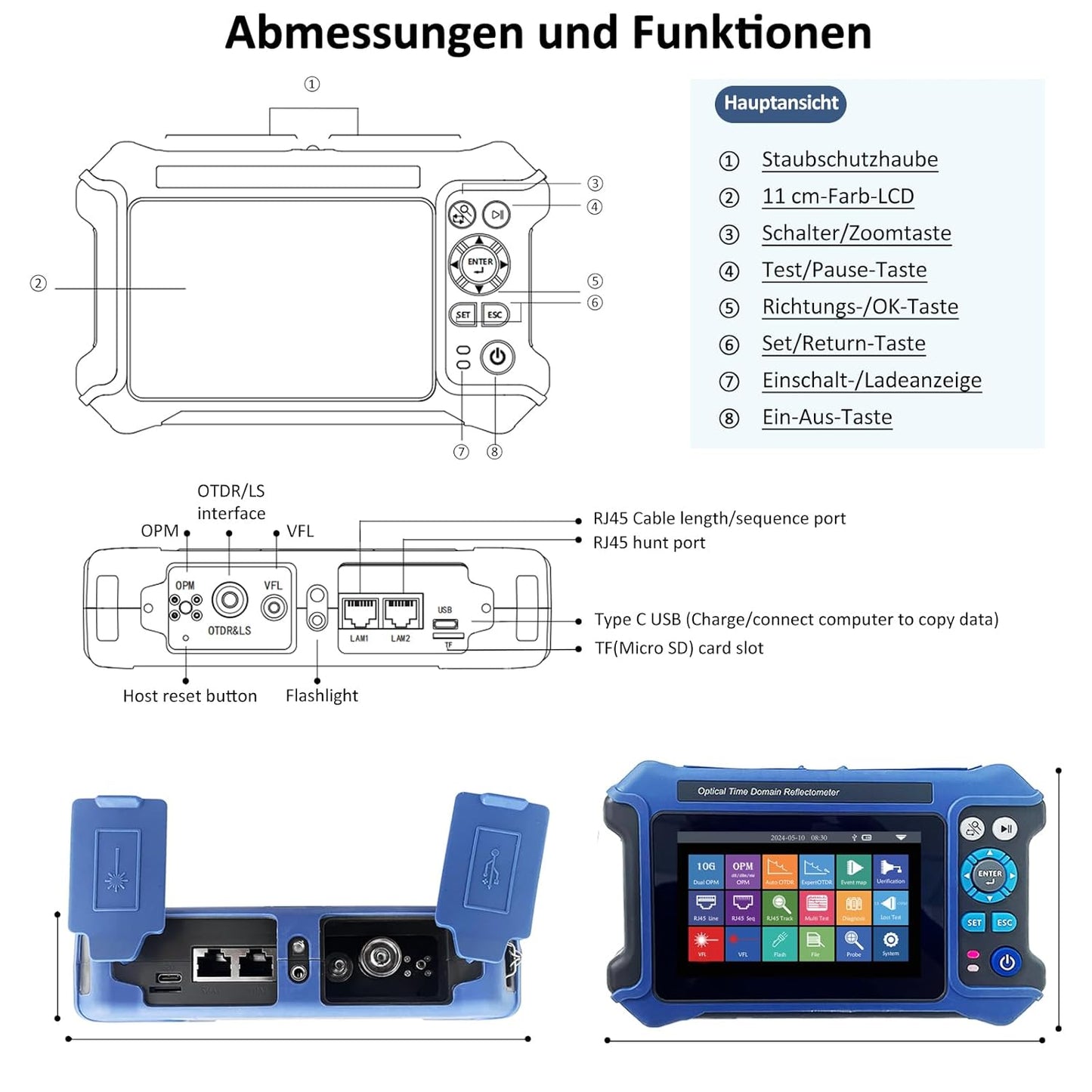 16-in-1 OTDR-glasvezeltester 1310/1550 nm, 11 cm touchscreen, OLT-evenementenkaart, geïntegreerde VFL OPM LS/OLS/RJ45-tester, RJ45-functies