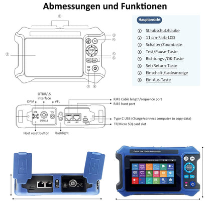 16-in-1 OTDR-glasvezeltester 1310/1550 nm, 11 cm touchscreen, OLT-evenementenkaart, geïntegreerde VFL OPM LS/OLS/RJ45-tester, RJ45-functies