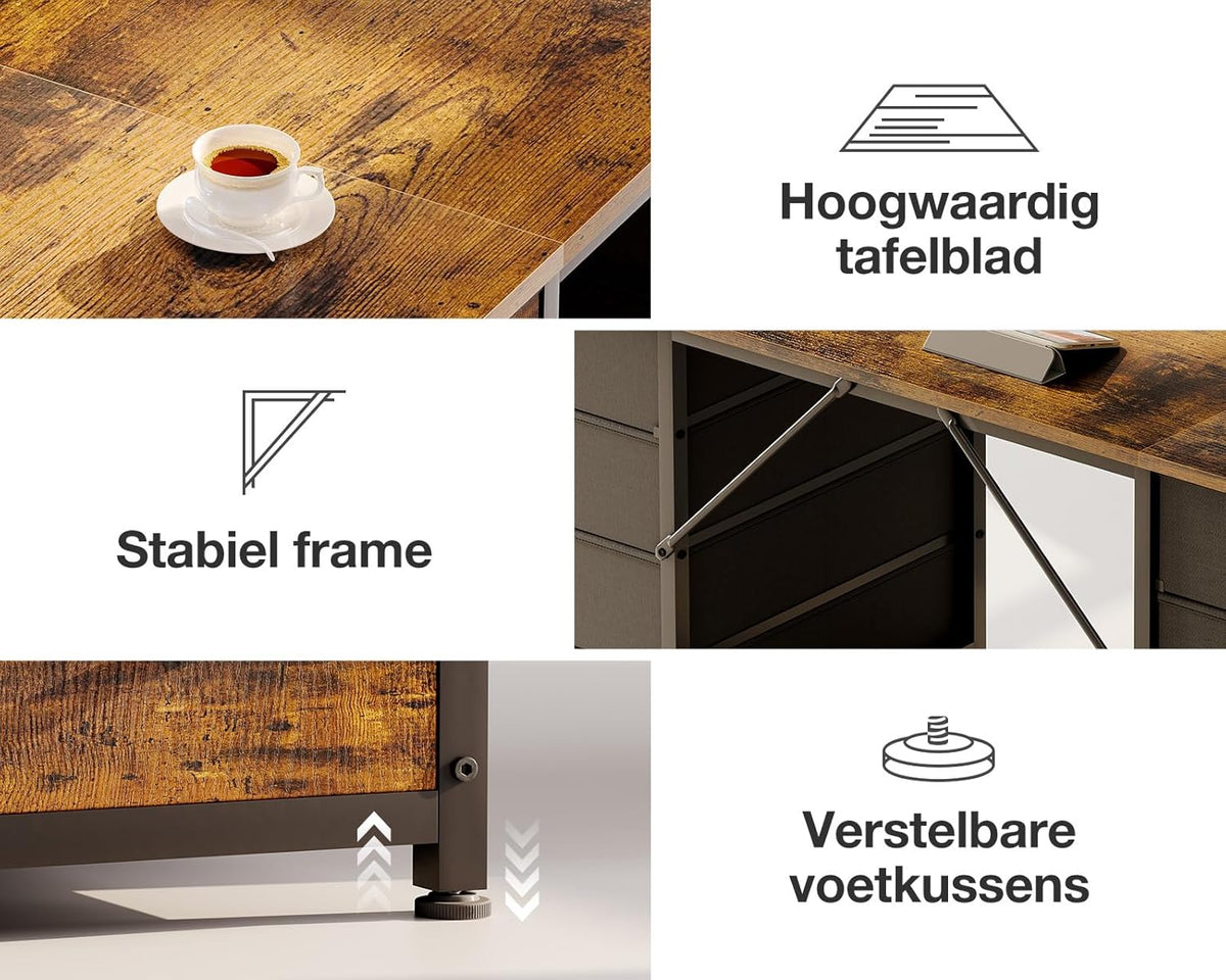 Coleshome Bureau met 8 Stoffen Laden, 140 x 48 cm, Bruin Bureau met Opbergruimte, Computertafel, Bureautafel, PC-Tafel, Kantoortafel voor Kantoor, Woonkamer, Thuiskantoor