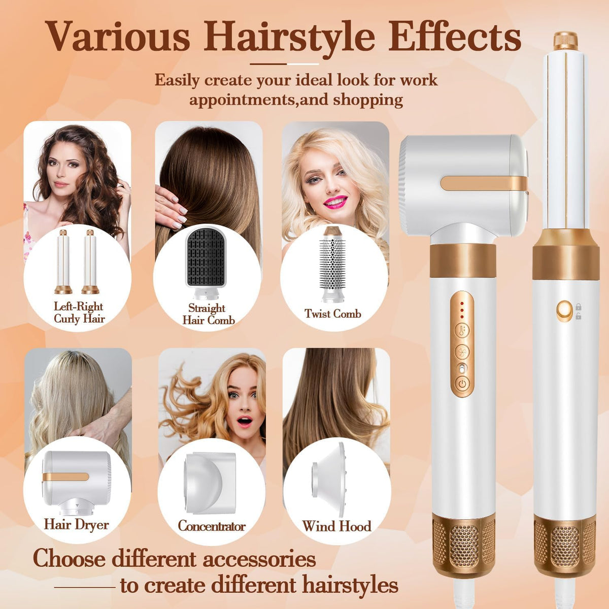7-in-1 haardroger, snelle haardroger, stylinggereedschapsset, heteluchtborstel, diffuser, mondstukken, stijlkam, krulstaaf, volumizer (wit)