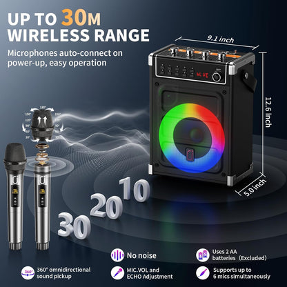 JYX karaokemachine met 2 UHF draadloze microfoons, bas/treble Bluetooth-luidspreker met LED-licht, ondersteuning TWS, AUX In, FM, REC, levering voor feest/volwassenen/kinderen - zwart
