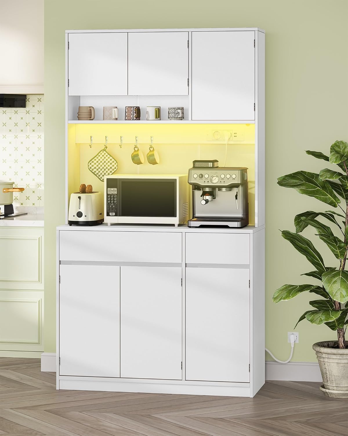 Hzuaneri Kitchen Cabinet, Buffet Cabinet, Tall Cabinet with Sockets and LED Light Strips, with Worktops and Two Drawers, Adjustable Shelves, Kitchen, 40 x 100 x 180 cm, White, PT00203XEU