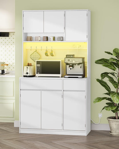 Hzuaneri Kitchen Cabinet, Buffet Cabinet, Tall Cabinet with Sockets and LED Light Strips, with Worktops and Two Drawers, Adjustable Shelves, Kitchen, 40 x 100 x 180 cm, White, PT00203XEU