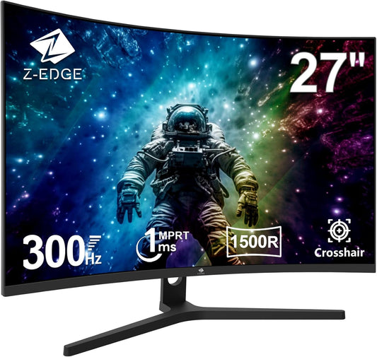 Z-Edge Gaming Monitor Curved 27'' 300Hz (DP1.4*2), 1ms, FHD, FreeSync, 240Hz (HDMI2.0*2), 16:9 LED Gaming Monitor, Adjustable Tilt, HDR, VA, 3000:1, RGB VESA 100*100mm(DP Cable Included)