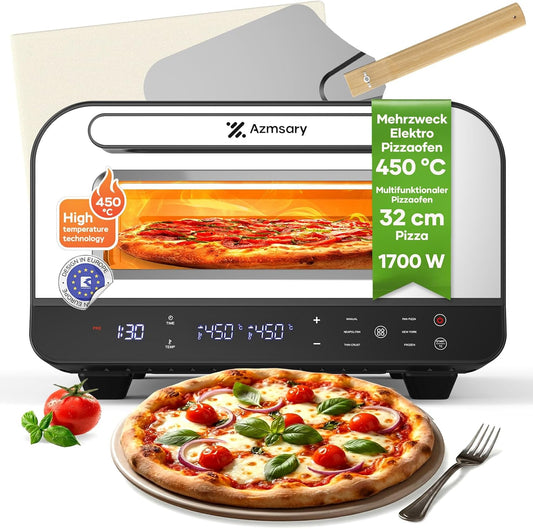 Elektrische pizzaoven – 6 programma's, 1700 W, max. 450 °C, geschikt voor 32 cm pizza's – 5-in-1 multifunctioneel: pizza, grillen, warmhouden, bakken en koken (Black)
