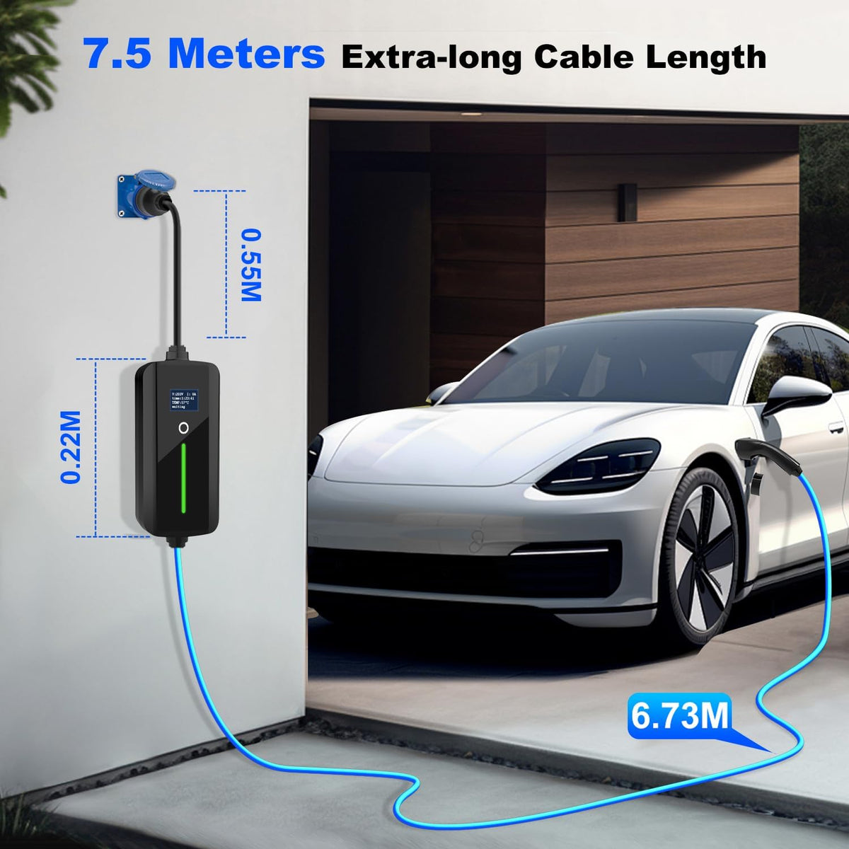 Type 2 mobiele oplader voor elektrische auto's, 7 kW draagbare oplaadkabel met CEE-stekker voor elektrisch voertuig, IP67 waterdicht, 7,5 meter, type 2 oplaadkabel met 32 A, IEC 62196-2