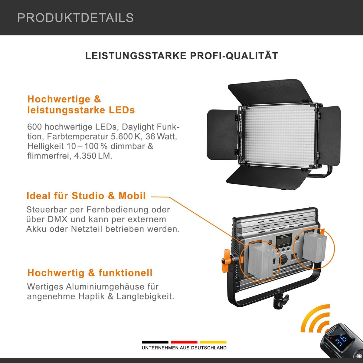 Walimex pro Niova 600 Plus Daylight Led-videolamp, continu licht, 36 watt, 600 leds, dimbaar, 5600 K, 4.350 lumen, CRI ≥ 97 Ra, DMX + afstandsbediening, 2 x NP-F-accusleuven + voeding
