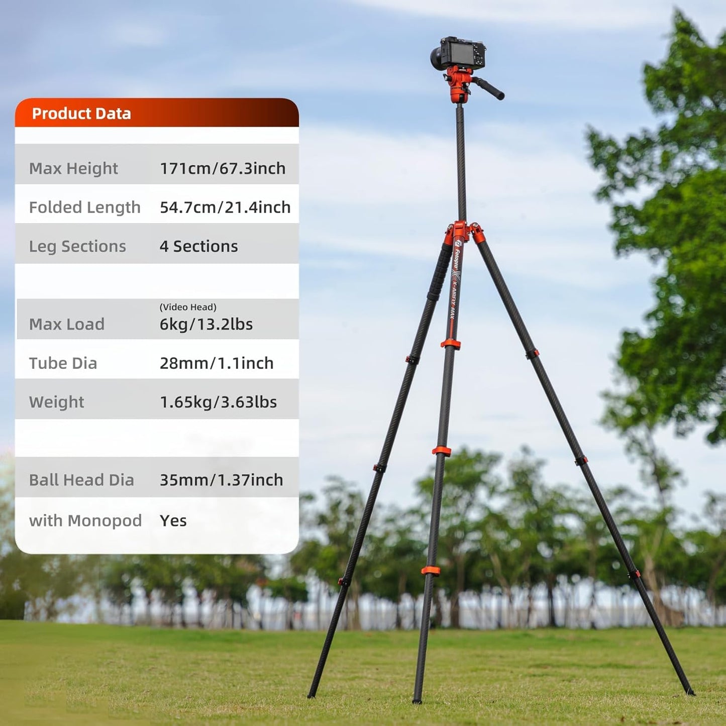 Koolstofvezel Statief – Camerastatief – Reisstatief – Videostatief – Monopod – Oranje – Lichtgewicht 1,65 Kg – 2-In-1 Tot 183 Cm