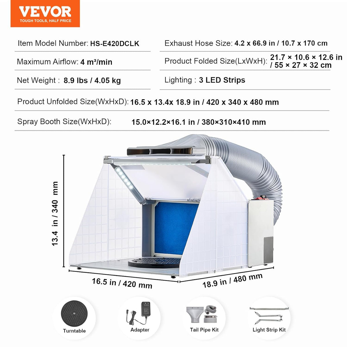 VEVOR Airbrush spuitcabine, airbrush-verfspuitcabineset, 4 m³/min, met ledverlichting, afvoerventilator en verlengslang, voor het beschilderen van modellen, kunst, handwerk, modeltaart