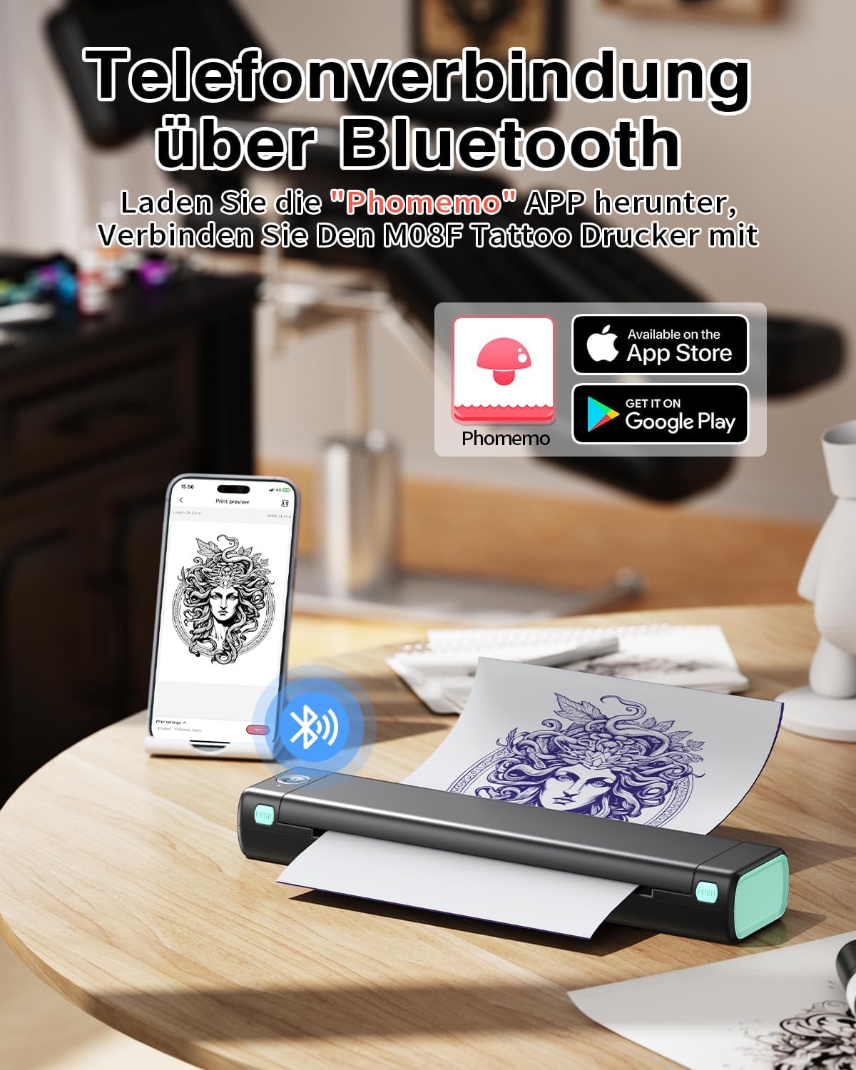 Phomemo M08F Tattoo Thermal Template Machine, Thermal Template, Maker for Beginners, Tattoo Artists, with 10 Pieces Tattoo Paper, Compatible with Smartphones and PC - QUORE