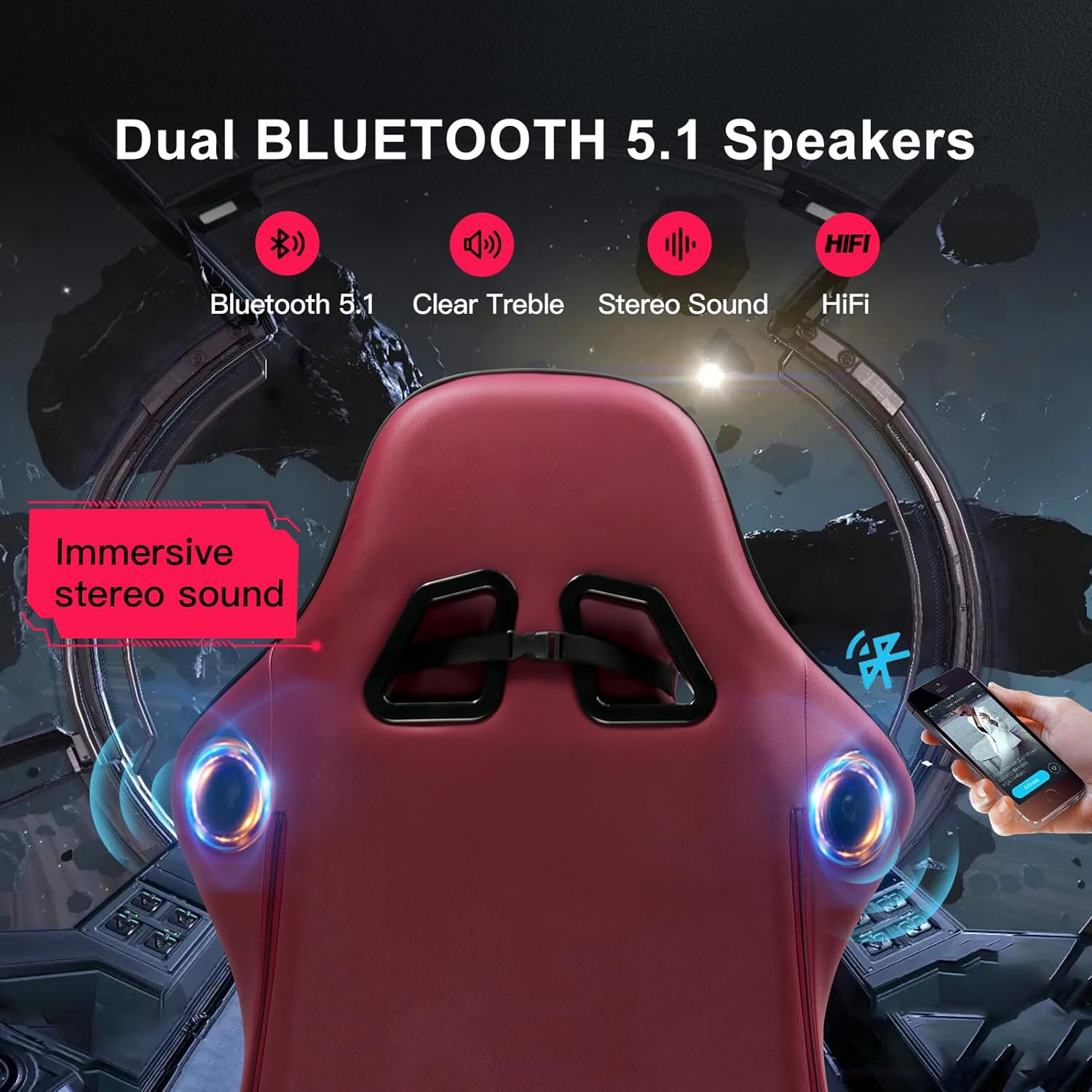 GTPLAYER Ergonomic Gaming Chair, Office Chair, Racing Chair with Footrest and Speakers, Load Up to 150 kg, Red - QUORE