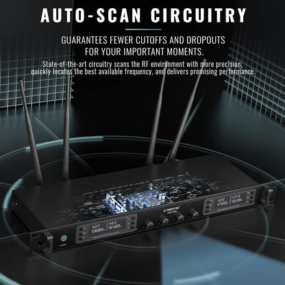 Phenyx Pro Quad Channel draadloos microfoonsysteem, 4 handheld draadloze microfoons, 4 x 40 kanalen, auto scan, bereik 100 meter, ideaal voor zang, kerk, karaoke (PTU-7000-4H)