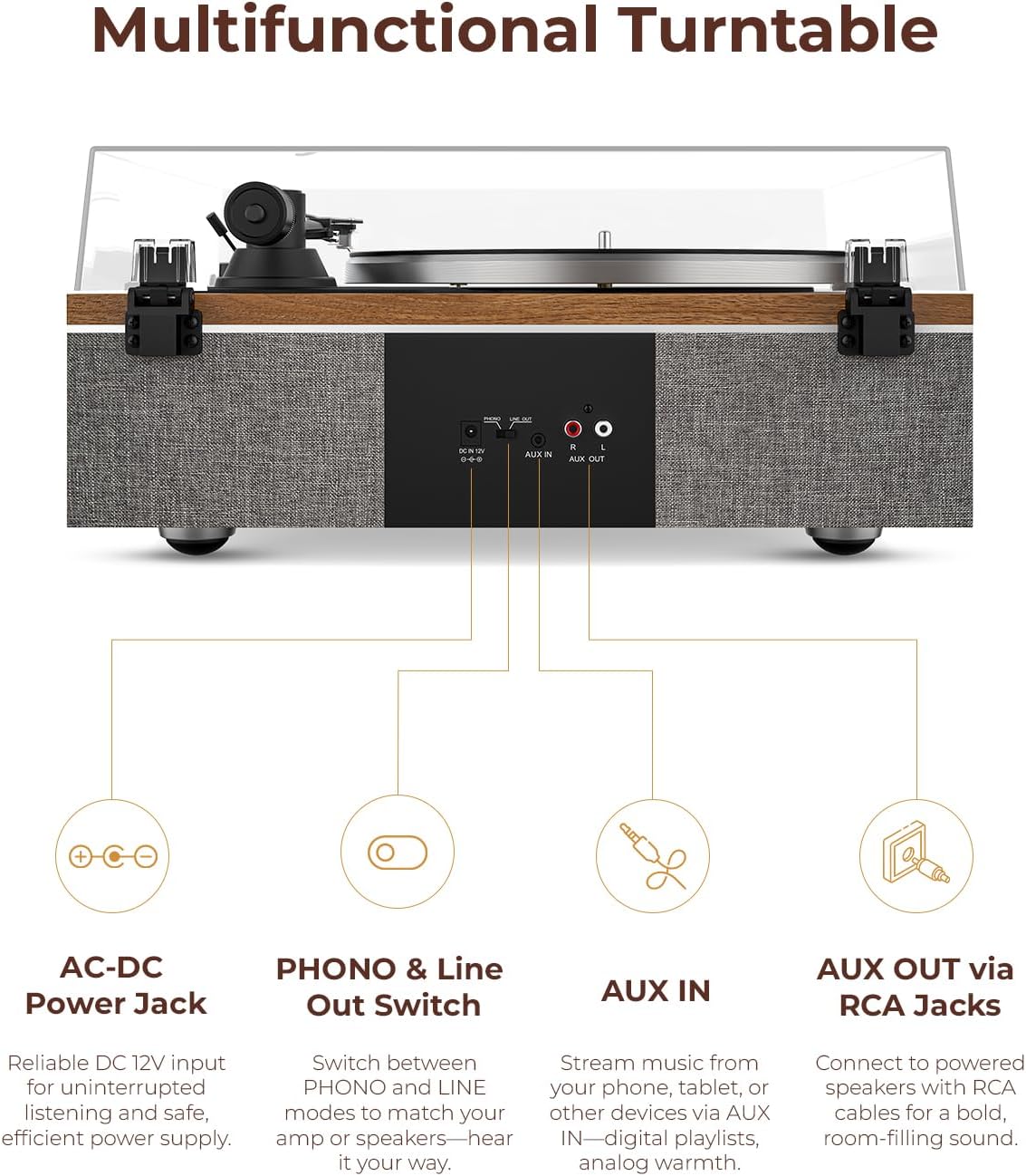 One-S Vinyl Platenspeler met geïntegreerde Luidsprekers en DSP, Bluetooth, Phono-Voorversterker AT-3600L, 33/45 rpm (Walnoot)
