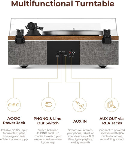 One-S Vinyl Platenspeler met geïntegreerde Luidsprekers en DSP, Bluetooth, Phono-Voorversterker AT-3600L, 33/45 rpm (Walnoot)