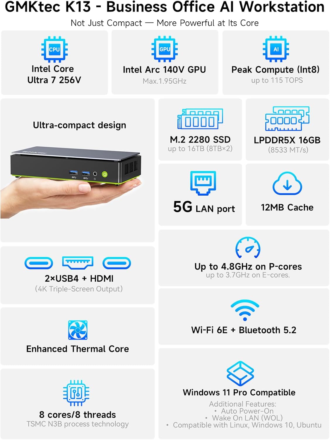 GMKtec K13 AI Mini PC, Core Ultra 7 256V 8T/8C(Up to 4.8GHz), 16GB DDR5 1TB SSD, MiNi Desktop Computers AI Boost, 2X M.2 2280 PCIE 4.0 Storage Expansion, 5GbE LAN, HDMI 2.1, USB4