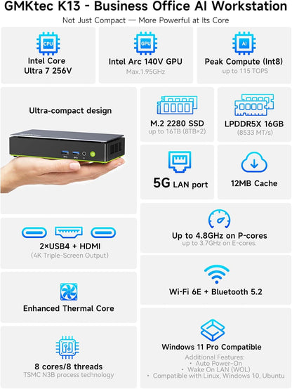 GMKtec K13 AI Mini PC, Core Ultra 7 256V 8T/8C(Up to 4.8GHz), 16GB DDR5 1TB SSD, MiNi Desktop Computers AI Boost, 2X M.2 2280 PCIE 4.0 Storage Expansion, 5GbE LAN, HDMI 2.1, USB4
