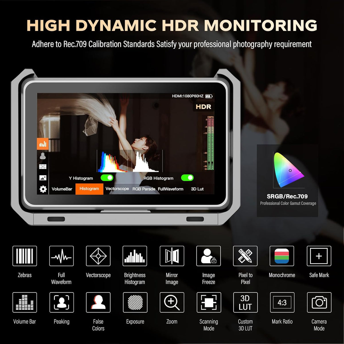 VILTROX DC-X3 Touchscreen monitor voor veldcamera, professionele monitor voor 6 inch camera, 2000 nits, 4K HDMI 1.4/3G-SDI, fotomonitor met zonneklep, batterij, motorkap, USB A, 3D, lut