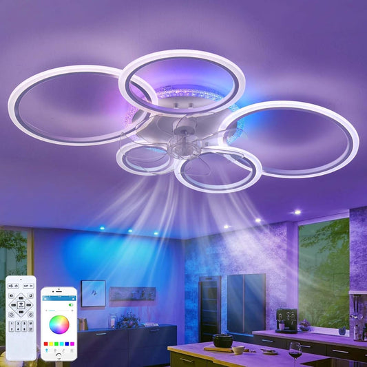 RGB Plafondventilator met ledlicht, dimbaar, slaapkamer, stil, plafondventilator, met afstandsbediening, omkeerbaar, 6 snelheden, timing, kroonluchter, ventilator, woonkamer, Φ 95 cm, wit
