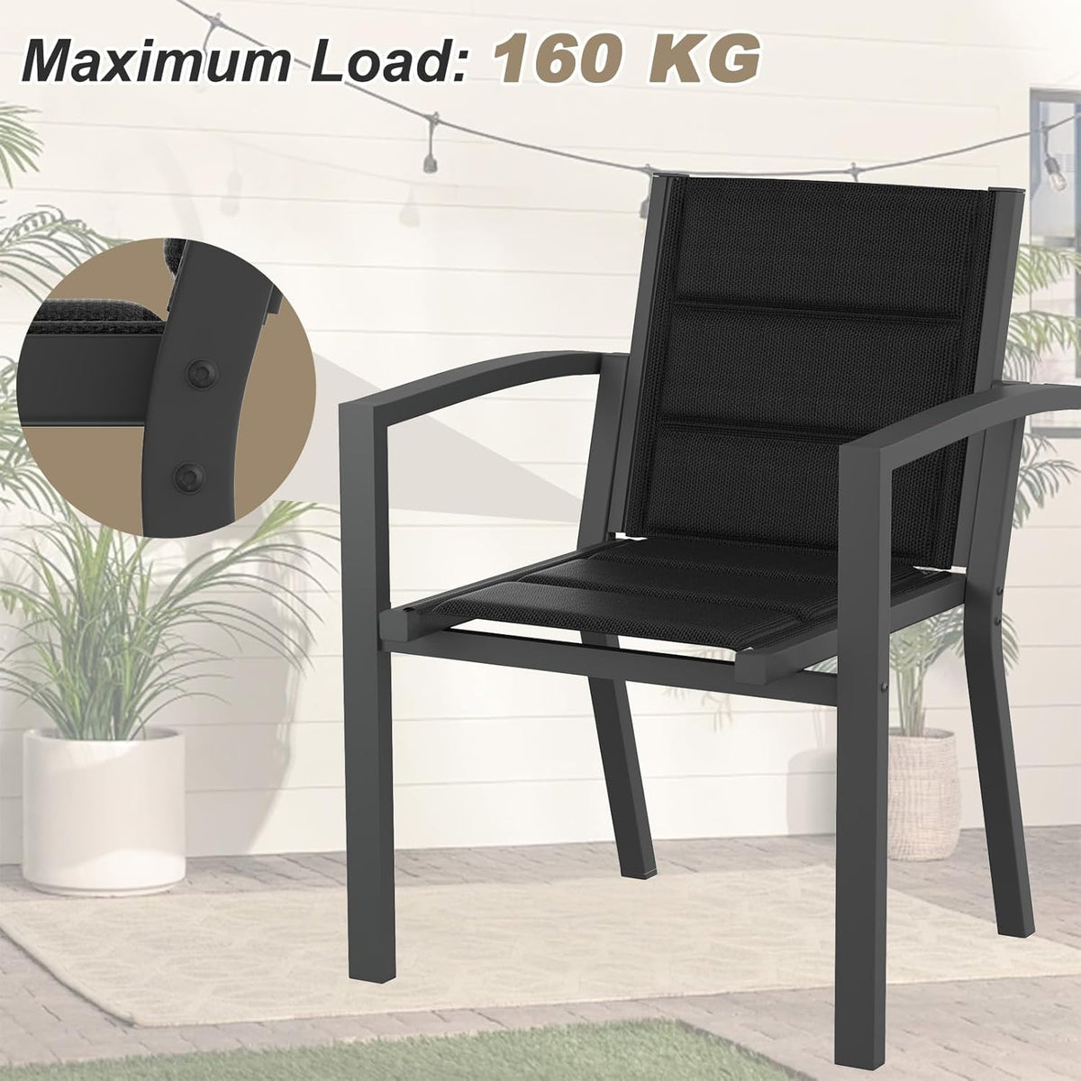 JUMMICO Stapelbare tuinstoel, aluminium frame met comfortabele zitting van textiel, lage zithoogte met armleuningen voor balkon en terras