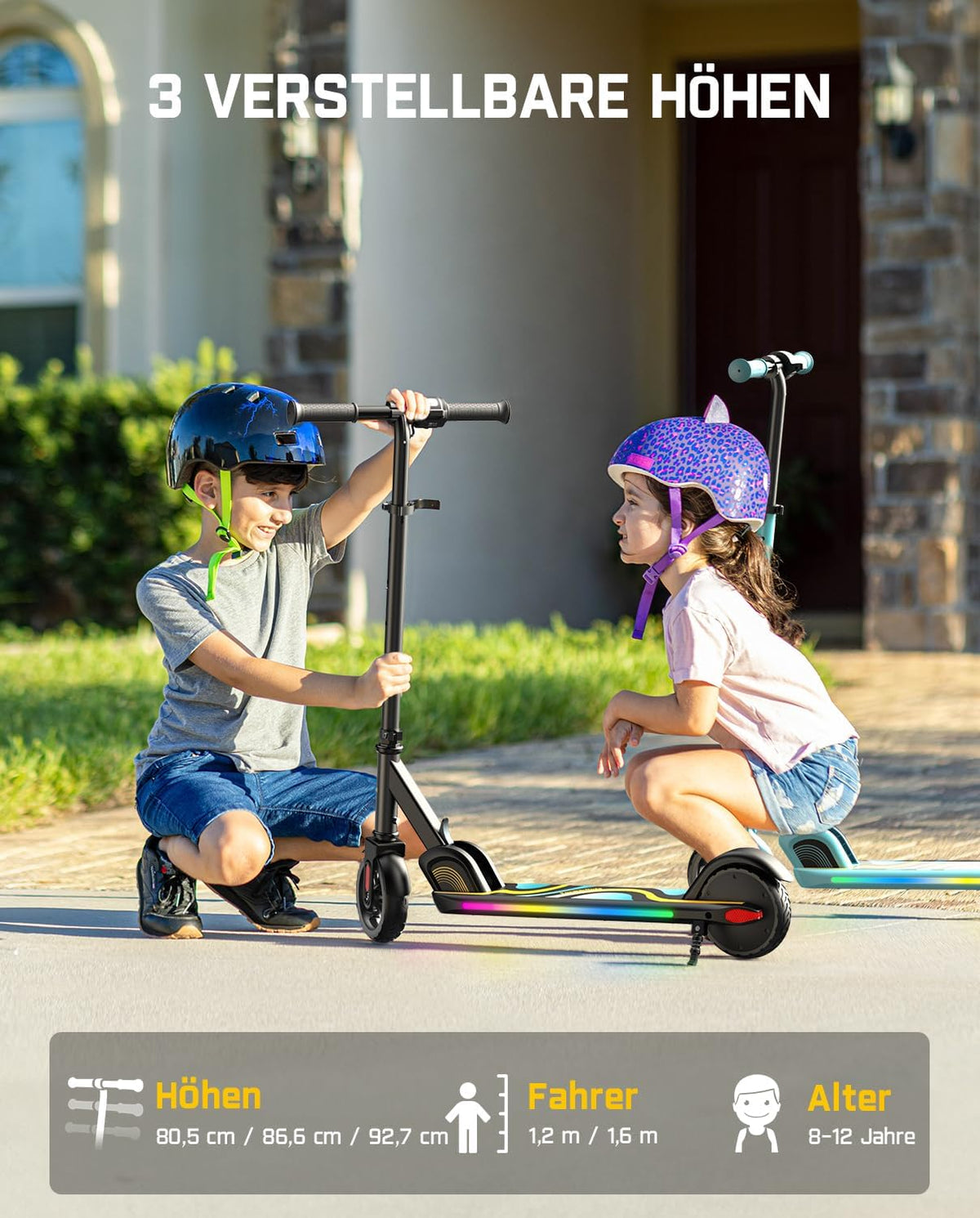 FanttikRide C9 Pro Elektrische step voor kinderen van 8-12 jaar, kleurrijke regenboogverlichting, 8/12/16 km/u, 8 km bereik, led-display, in hoogte verstelbaar, opvouwbaar, voor jongens en meisjes