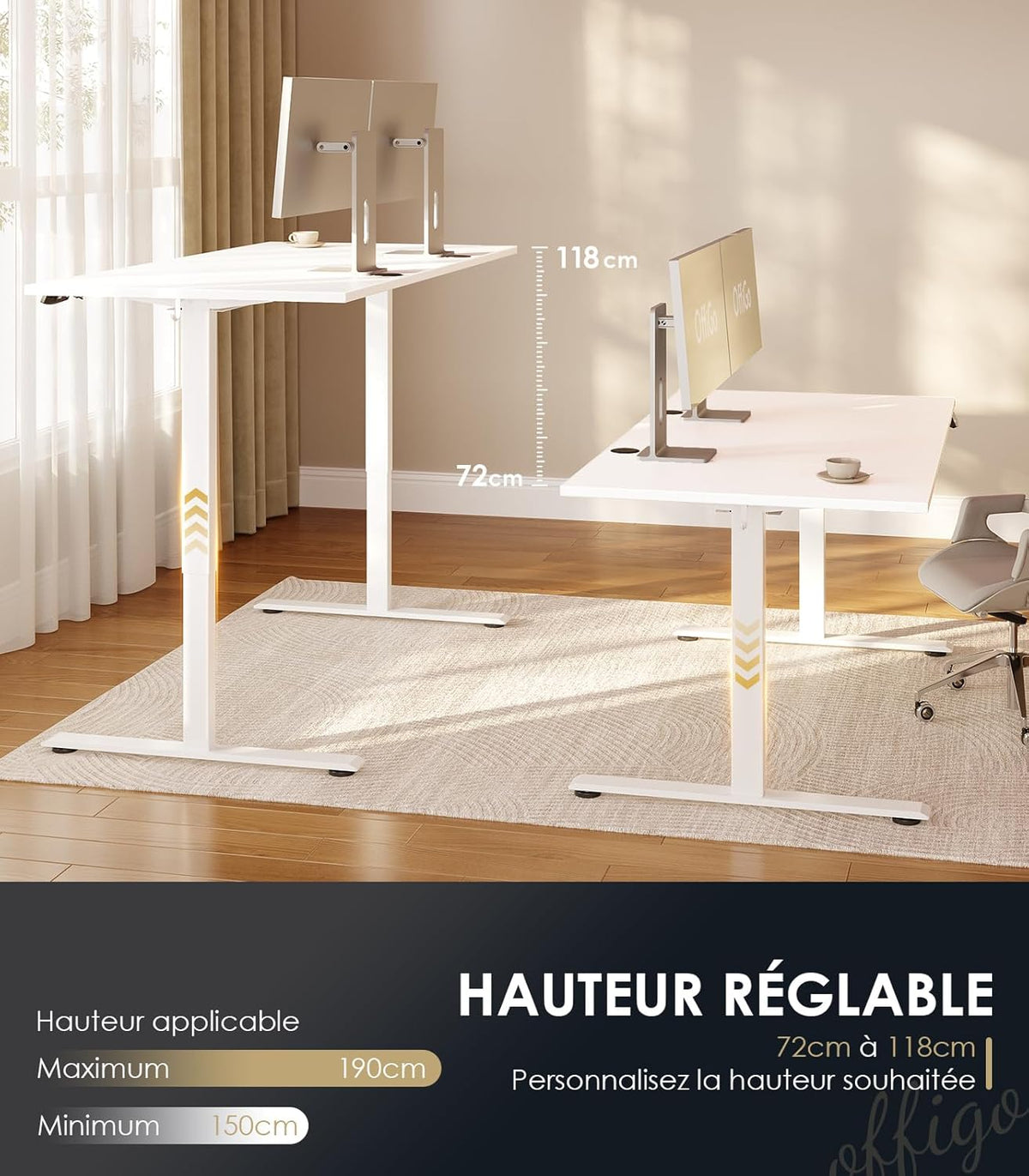 OffiGo Height Adjustable Desk, 180cm Electric Desk, Ergonomic Desk with Memory Function, Height Adjustable Gaming Desk, Modern Computer Desk for Home, White - QUORE