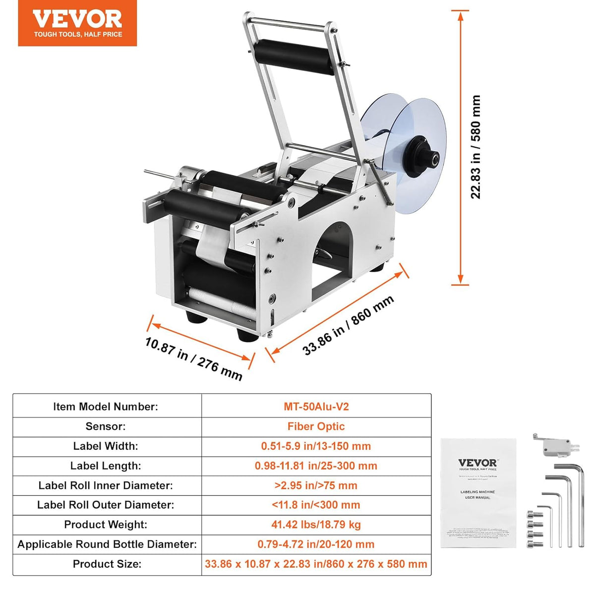 VEVOR Halfautomatische ronde etiketteermachine, 20-50 stuks/min, elektrische fles label-applicator voor ronde flessen, ronde fles etiketteermachine geschikt voor diameter van