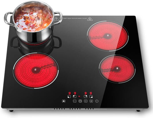 SNDOAS Keramische kookplaat, 4 platen, kookplaat met secker, 6000 W ingebouwde keramische kookplaat 60 cm, 9 warmtestanden, 1-99 min timer, touch-control, kinderbeveiliging, zwart