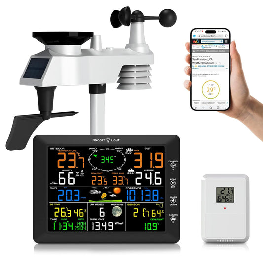 Urageuxy Profit Weerstation, 14-in-1, 20,5 cm groot kleurendisplay, met regenmeter, windmeter, windvaan, binnen en buiten, thermometer/hygrometer, uv-index, luchtdruk