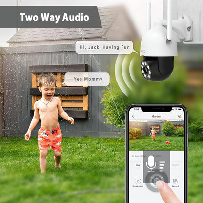 DEKCO 2K bewakingscamera wifi voor buiten, 360° PTZ bewakingscamera, bewegingsdetectie, nachtzicht in kleur, onmiddellijke waarschuwing, bidirectionele audio, waterdicht IP66, 2 stuks