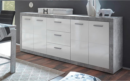Stella Trading Stone commode met laden in betonlook, wit hoogglans - moderne commode met veel opbergruimte voor je woonkamer