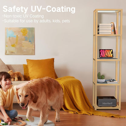 OUTON 170cm Glazen Vitrinekast met Verlichting, Dimbare LED Vloerlamp met Afstandsbediening en App-bediening, Open Boekenkastlamp voor Woonkamer en Slaapkamer, Hout