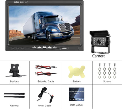 Podofo Draadloze HD Achteruitrijcamera Kit met 7" LCD Automonitor Waterdichte Achteruitrijcamera + Autolader voor Vrachtwagen Bus RV Trailer Graafmachine