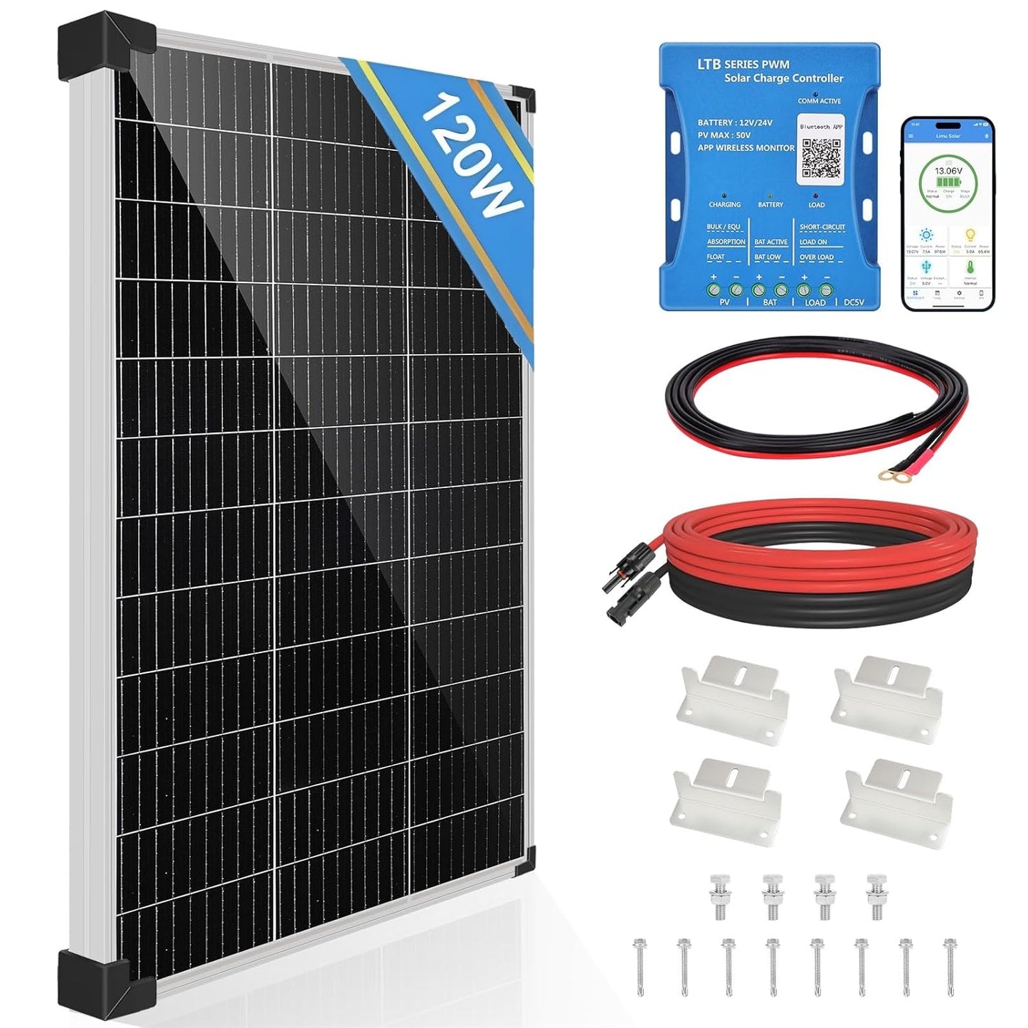 【120W Bluetooth&APP Zonnepaneelkit】DERUXI 120 W Caravan Zonnepanelen Set 0,5 kWh/dag Off-Grid voor RV Auto Boot Camping: 120W 12V Zonnepaneel+20A Bluetooth Laadcontroller+ 4 stuks Zonnekabel+Z-beugel