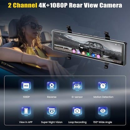 Dashcam Voor En Achter – Autocamera – Auto Dashcam – Dubbele Dashcam – Camera Voor Auto – 11,26 Inch IPS-Touchscreen – 4K+1080P Voor- En Achteropname Met GPS