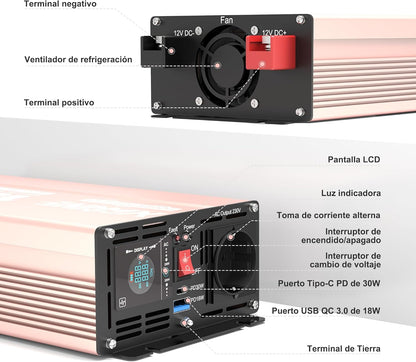 XWJNE Omvormer, 12 V, 220 V/230 V, zuivere sinusgolf, 1500 W, spanningsomvormer met AC-aansluiting, USB-A en USB-C, lcd-display, 5 m afstandsbediening, voor camper, vrachtwagen, huis en noodgevallen