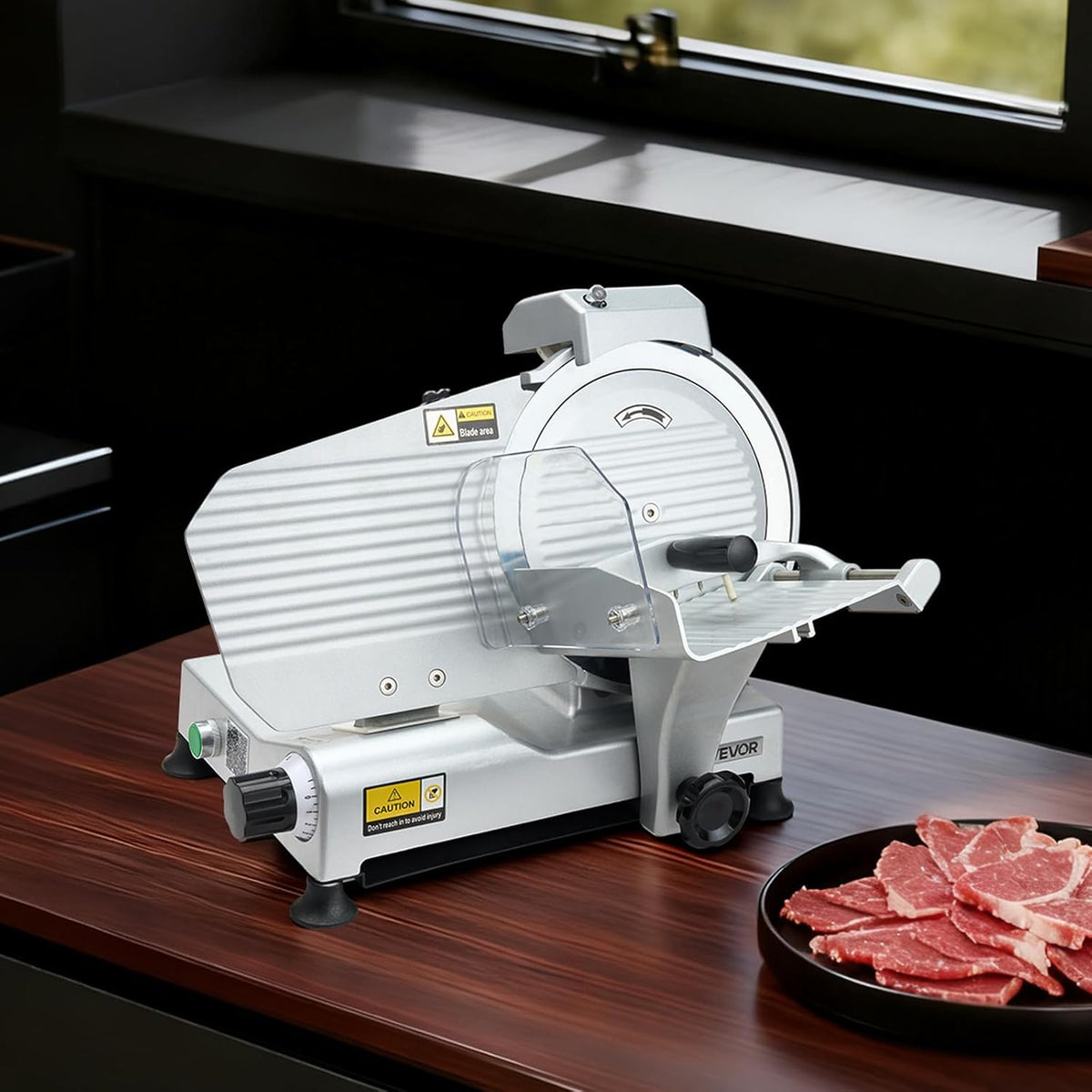 VEVOR Commerciële Vleessnijder, 25,4 cm (10 inch), 320 W voedselsnijder met SUS420-lemmet, instelbare dikte van 0 tot 10 mm, voor bevroren vlees, ham