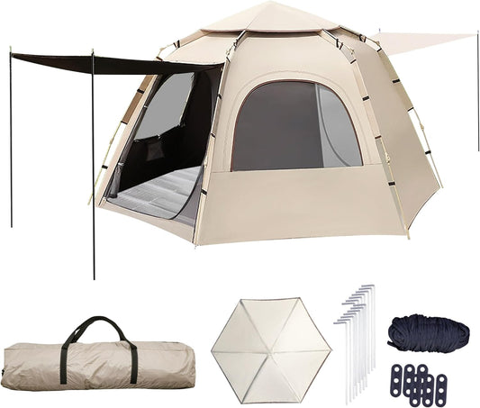 Kampeertent, automatische instanttent voor 3-4 personen, pop-up ultralichte koepeltent, 4 seizoenen, waterdicht en winddicht en zonwerend, campingtent met grote vochtbestendige pad