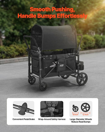 VEVOR Wagon Kinderwagen voor 4 Kinderen, Push Pull Quad Opvouwbare Kinderwagen met Verstelbare Handvat, 5-punts Veiligheidsharnas & Afneembare Luifel, 4-zits Kinderwagen voor Camping, Zwart (149,7 kg