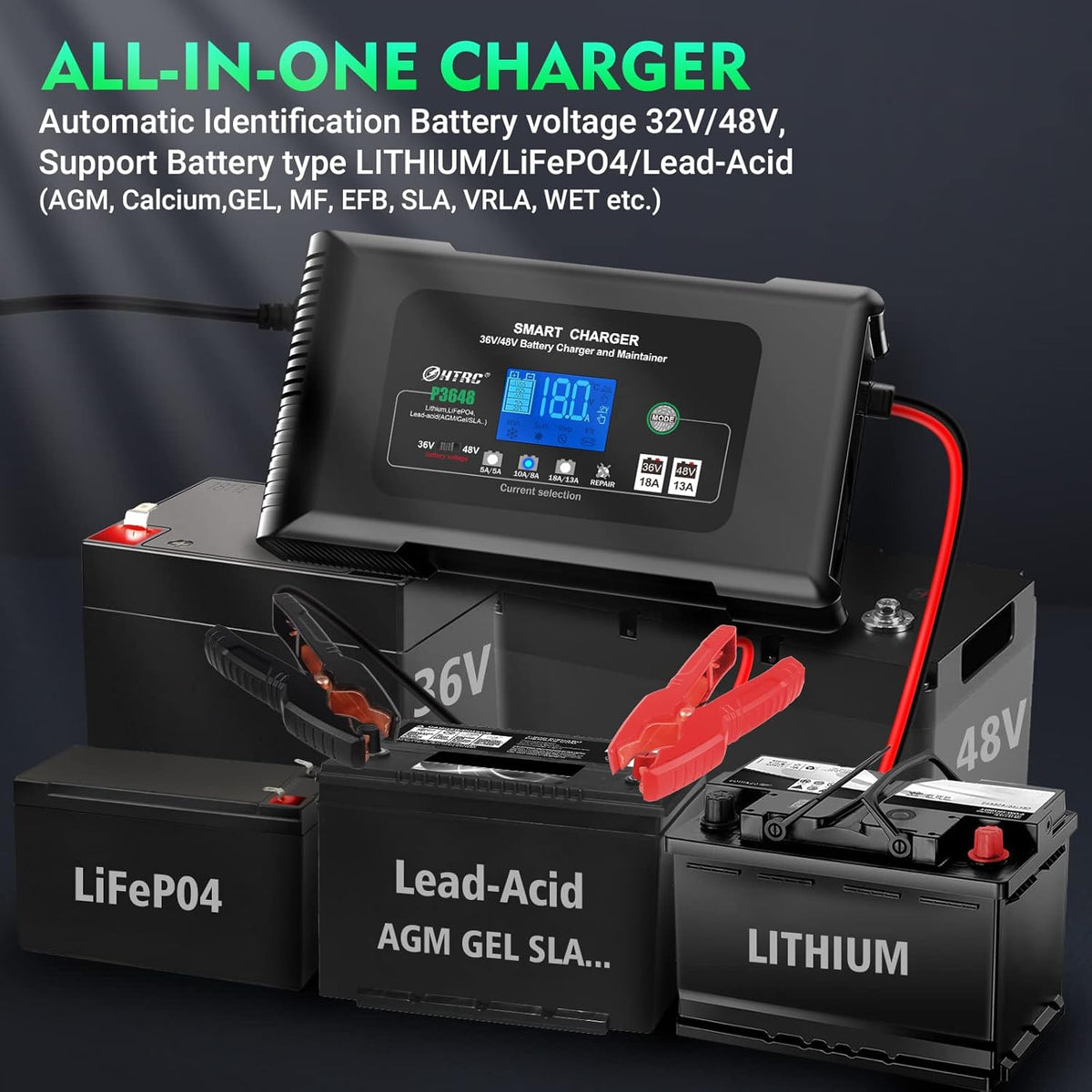 Acculader – Autoaccu Lader – Druppellader – Onderhoudslader – Batterijlader – Slimme Snelle Oplader – 9-Traps Ontzwaveling – 36V 18A & 48V 13A Laadvermogen