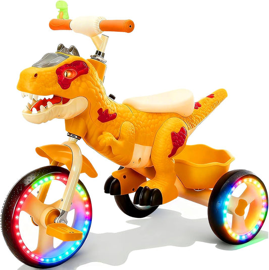 NMM Rolfiets, driewieler, driewieler vanaf 2 jaar, dinosaurusspeelgoed met muziek, lichten en claxon voor kinderen, fiets met wielen vanaf 2, 3, 4, 5, 6, 7, 8 jaar (fiets oranje licht)