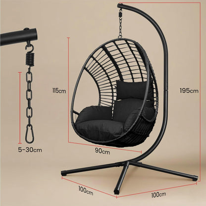 Swoods XXL Egg Hangstoel – Hangstoel met standaard – Voor Binnen en Buiten – Incl. Kussens en beschermhoes– Egg Chair – Weerbestendig - Ei Stoel – tot 150kg (Zwart)